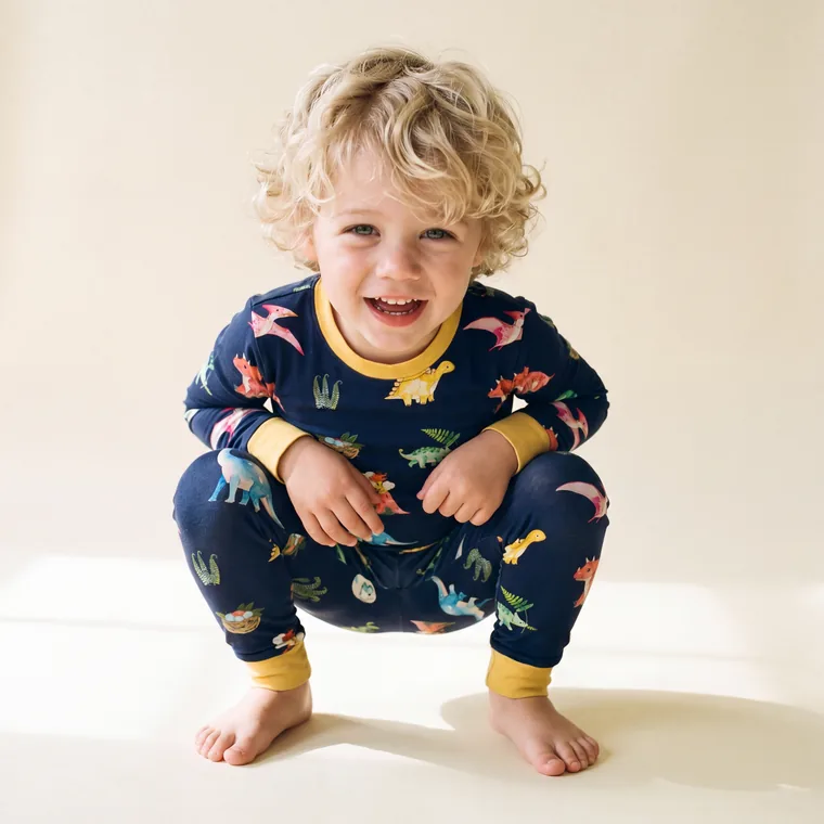 Midnight Dino bamboo long sleeve pajama set — model